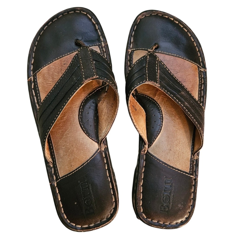 Born Womens Leather Thong Sandals Brown Tan Contrast Stitch W9565 Size 7/38